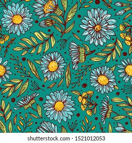 Seamless pattern with flowers, leaves and grass. Sketch. Freehand drawing