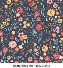 Seamless pattern with flowers, leaves and grass. Freehand drawing