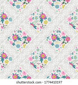 Seamless pattern with flowers, leaves and grass. Freehand drawing