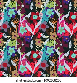 Seamless pattern with flowers, leaves. Grunge background texture. Floral print. Fabric design