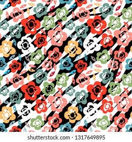 Seamless pattern with flowers, leaves. Grunge background texture. Repeating print. Fabric design, wallpaper