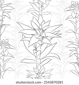 Nahtloses Muster mit Blumen und Blättern der Guzmania Blume. Lineare Vektorhandzeichnung auf weißem Hintergrund.