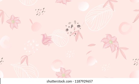 Seamless pattern, flowers, leaves and hand drawn graphics on light pink background, soft pink tones