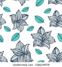 seamless pattern, flowers and leaves, hand drawing vector