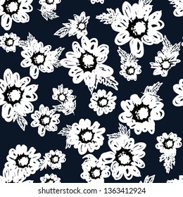 Seamless pattern with flowers and leaves .Hand drawn fabric