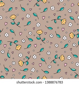 Seamless pattern with flowers and leaves. Hand drawn illustration.