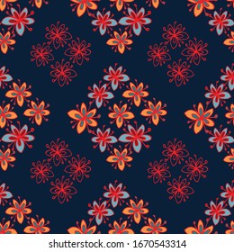 Seamless pattern of flowers and leaves. Hand drawn floral ornament. Design for textile, paper, packaging, bedding made of colorful doodle elements in ethno, folk style. Vector illustration.