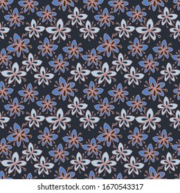 Seamless pattern of flowers and leaves. Hand drawn floral ornament. Design for textile, paper, packaging, bedding made of colorful doodle elements in ethno, folk style. Vector illustration.
