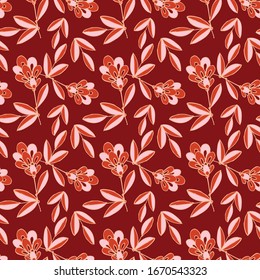 Seamless pattern of flowers and leaves. Hand drawn floral ornament. Design for textile, paper, packaging, bedding made of colorful doodle elements in ethno, folk style. Vector illustration.