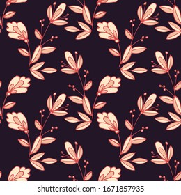 Seamless pattern of flowers and leaves. Hand drawn floral ornament. Design for textile, paper, packaging, bedding made of colorful doodle elements in ethno, folk style. Vector illustration.