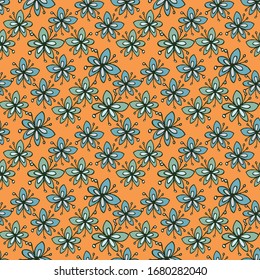 Seamless pattern of flowers and leaves. Hand drawn floral ornament. Design for textile, paper, packaging, bedding made of colorful doodle elements in ethno, folk style. Vector illustration.
