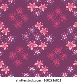 Seamless pattern of flowers and leaves. Hand drawn floral ornament. Design for textile, paper, packaging, bedding made of colorful doodle elements in ethno, folk style. Vector illustration.