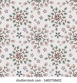 Seamless pattern of flowers and leaves. Hand drawn floral ornament. Design for textile, paper, packaging, bedding made of colorful doodle elements in ethno, folk style. Vector illustration.