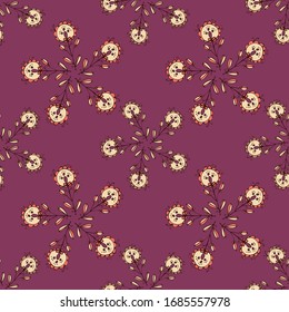 Seamless pattern of flowers and leaves. Hand drawn floral ornament. Design for textile, paper, packaging, bedding made of colorful doodle elements in ethno, folk style. Vector illustration.