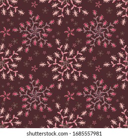 Seamless pattern of flowers and leaves. Hand drawn floral ornament. Design for textile, paper, packaging, bedding made of colorful doodle elements in ethno, folk style. Vector illustration.