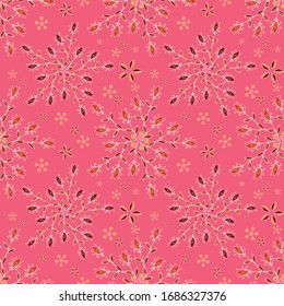 Seamless pattern of flowers and leaves. Hand drawn floral ornament. Design for textile, paper, packaging, bedding made of colorful doodle elements in ethno, folk style. Vector illustration.
