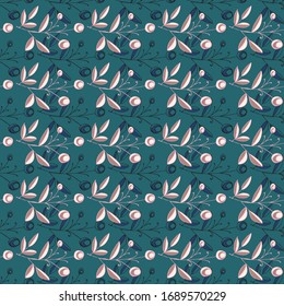 Seamless pattern of flowers and leaves. Hand drawn floral ornament. Design for textile, paper, packaging, bedding made of colorful doodle elements in ethno, folk style. Vector illustration.