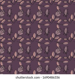 Seamless pattern of flowers and leaves. Hand drawn floral ornament. Design for textile, paper, packaging, bedding made of colorful doodle elements in ethno, folk style. Vector illustration.