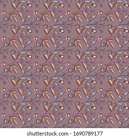 Seamless pattern of flowers and leaves. Hand drawn floral ornament. Design for textile, paper, packaging, bedding made of colorful doodle elements in ethno, folk style. Vector illustration.