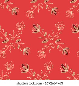 Seamless pattern of flowers and leaves. Hand drawn floral ornament. Design for textile, paper, packaging, bedding made of colorful doodle elements in ethno, folk style. Vector illustration.