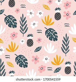 Seamless pattern with flowers, leaves and hand drawn elements. Creative vector childish background for fabric, textile