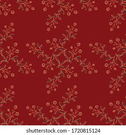 Seamless pattern of flowers and leaves. Hand drawn floral ornament. Design for textile, paper, packaging, bedding made of colorful doodle elements in ethno, folk style. Vector illustration.