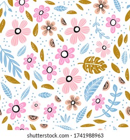 Seamless pattern with flowers, leaves and hand drawn elements. Creative vector childish background for fabric, textile