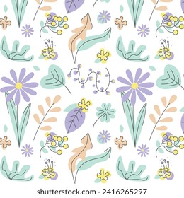 Patrón sin foco con flores y hojas. Ilustración vectorial dibujada a mano.