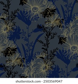 Seamless pattern with flowers and leaves. Hand drawn background. Daisy chain floral pattern for wallpaper or fabric. Flower daisies. Botanic Tile. Spring summer floral print.