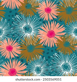 Seamless pattern with flowers and leaves. Hand drawn background. Daisy chain floral pattern for wallpaper or fabric. Flower daisies. Botanic Tile. Spring summer floral print.