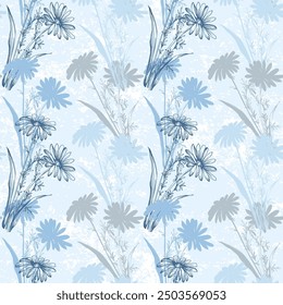 Seamless pattern with flowers and leaves. Hand drawn background. Daisy chain floral pattern for wallpaper or fabric. Flower daisies. Botanic Tile. Spring summer floral print.