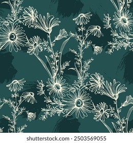 Seamless pattern with flowers and leaves. Hand drawn background. Daisy chain floral pattern for wallpaper or fabric. Flower daisies. Botanic Tile. Spring summer floral print.