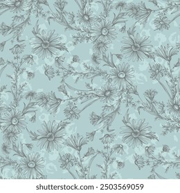 Seamless pattern with flowers and leaves. Hand drawn background. Daisy chain floral pattern for wallpaper or fabric. Flower daisies. Botanic Tile. Spring summer floral print.