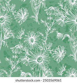 Seamless pattern with flowers and leaves. Hand drawn background. Daisy chain floral pattern for wallpaper or fabric. Flower daisies. Botanic Tile. Spring summer floral print.