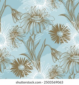 Seamless pattern with flowers and leaves. Hand drawn background. Daisy chain floral pattern for wallpaper or fabric. Flower daisies. Botanic Tile. Spring summer floral print.