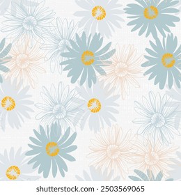 Seamless pattern with flowers and leaves. Hand drawn background. Daisy chain floral pattern for wallpaper or fabric. Flower daisies. Botanic Tile. Spring summer floral print.