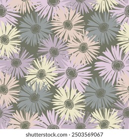 Seamless pattern with flowers and leaves. Hand drawn background. Daisy chain floral pattern for wallpaper or fabric. Flower daisies. Botanic Tile. Spring summer floral print.