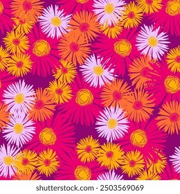 Seamless pattern with flowers and leaves. Hand drawn background. Daisy chain floral pattern for wallpaper or fabric. Flower daisies. Botanic Tile. Spring summer floral print.