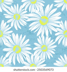 Seamless pattern with flowers and leaves. Hand drawn background. Daisy chain floral pattern for wallpaper or fabric. Flower daisies. Botanic Tile. Spring summer floral print.