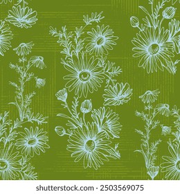 Seamless pattern with flowers and leaves. Hand drawn background. Daisy chain floral pattern for wallpaper or fabric. Flower daisies. Botanic Tile. Spring summer floral print.