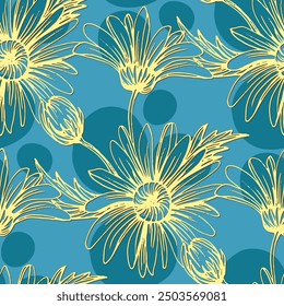 Seamless pattern with flowers and leaves. Hand drawn background. Daisy chain floral pattern for wallpaper or fabric. Flower daisies. Botanic Tile. Spring summer floral print.