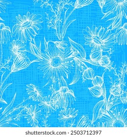 Seamless pattern with flowers and leaves. Hand drawn background. Daisy chain floral pattern for wallpaper or fabric. Flower daisies. Botanic Tile. Spring summer floral print.