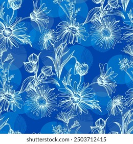 Seamless pattern with flowers and leaves. Hand drawn background. Daisy chain floral pattern for wallpaper or fabric. Flower daisies. Botanic Tile. Spring summer floral print.