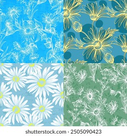 Seamless pattern with flowers and leaves. Hand drawn background. Daisy chain floral pattern for wallpaper or fabric. Flower daisies. Botanic Tile. Spring summer floral print.