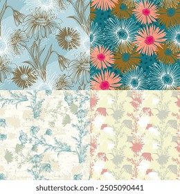 Seamless pattern with flowers and leaves. Hand drawn background. Daisy chain floral pattern for wallpaper or fabric. Flower daisies. Botanic Tile. Spring summer floral print.