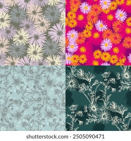 Seamless pattern with flowers and leaves. Hand drawn background. Daisy chain floral pattern for wallpaper or fabric. Flower daisies. Botanic Tile. Spring summer floral print.