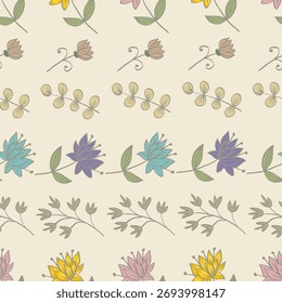 Seamless pattern with flowers and leaves. Hand drawn vector illustration.