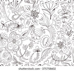 Seamless pattern with flowers and leaves. Hand drawn floral background, vector illustration.