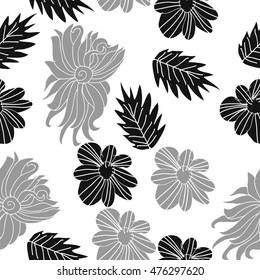 Seamless  pattern of  flowers and leaves. Hand drawn.