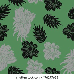 Seamless  pattern of  flowers and leaves. Hand drawn.